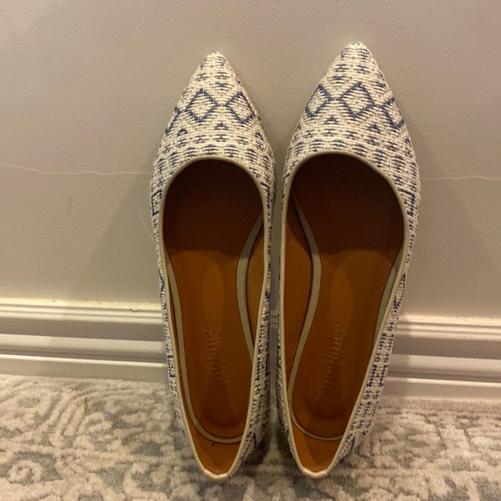 Sundance White and Blue Pointed-Toe Flats